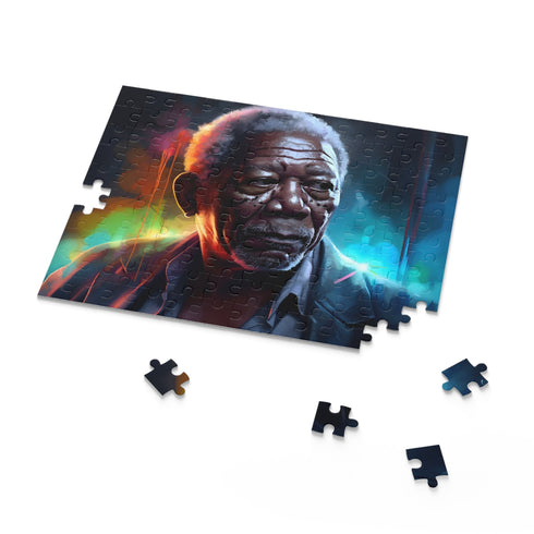 Neon Morgan Freeman watercolor puzzle with vibrant colors and 120 pieces.