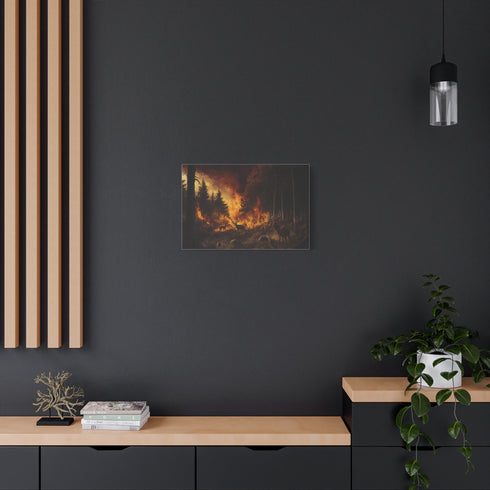 A Forest Fire Raging with Wildlife Fleeing Stretched Canvas Wall Art