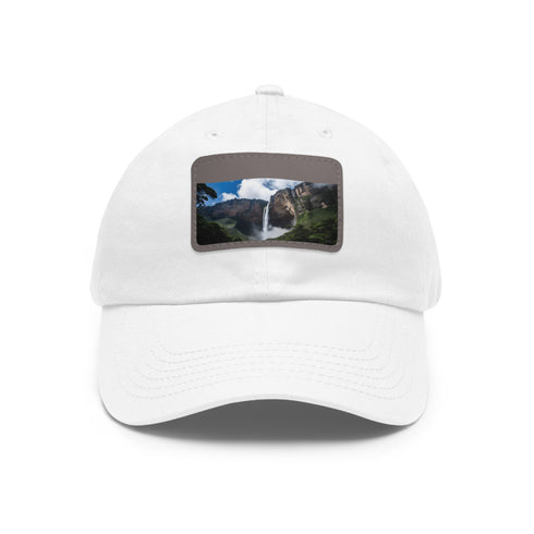 White cotton unisex hat with Angel Falls graphic, rectangle patch.