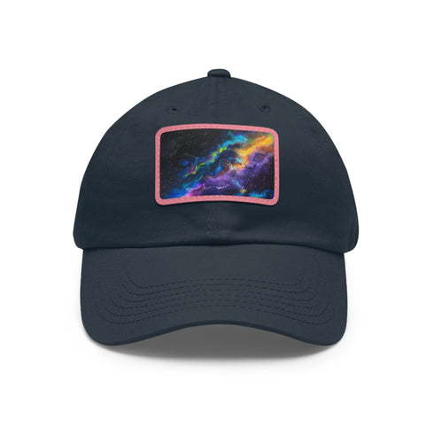 Neon galaxy snapback cap in white with light brown patch.