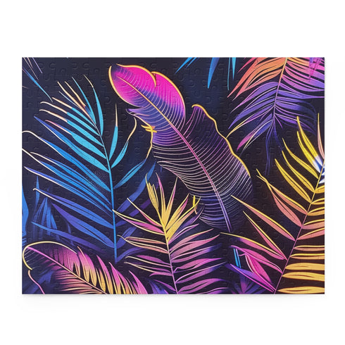 Neon Tropical Paradise Jigsaw Puzzle - vibrant jungle oasis with neon tropical leaves and palm trees for a colorful escape