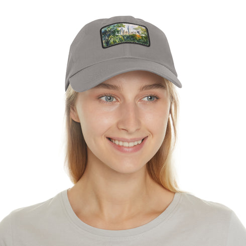 Central Park watercolor skyline baseball cap in white with light brown patch.