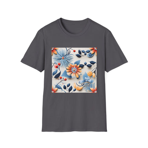 Charcoal cotton t-shirt with vibrant floral pattern evoking nature's charm