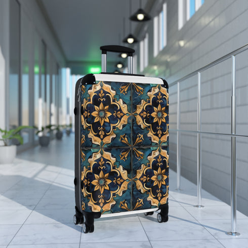 Artisan tile pattern small black travel bag with wanderlust design.