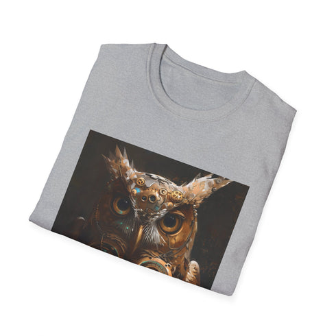 Steampunk owl charcoal T-shirt with intricate mechanical gears in soft cotton