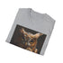 Steampunk owl charcoal T-shirt with intricate mechanical gears in soft cotton