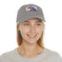 Magical watercolor unicorn cotton baseball cap with white/light brown rectangle patch.