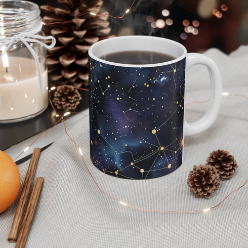 Galactic constellation stars ceramic coffee mug for stargazers and astronomy lovers.