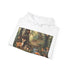Forest creatures peek from lush trees on navy woodland enchanted hoodie.