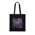 Neon forest mushrooms tote bag in black cotton material.