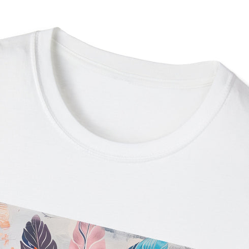 Charcoal crew neck T-shirt with vibrant bohemian feather pattern