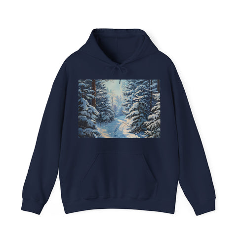 Snowy Splendor Hoodie in Navy, size S, snowy winter landscape design.