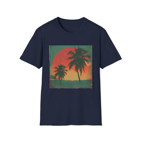 Retro sunset palm tree charcoal t-shirt for men and women.