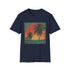 Retro sunset palm tree charcoal t-shirt for men and women.