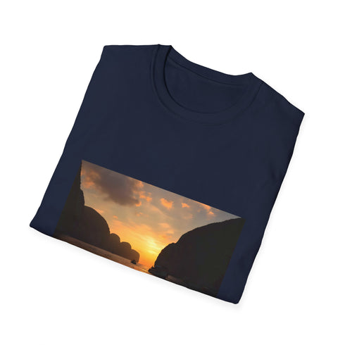 Charcoal crew neck cotton T-shirt with vibrant sunset beach graphic design
