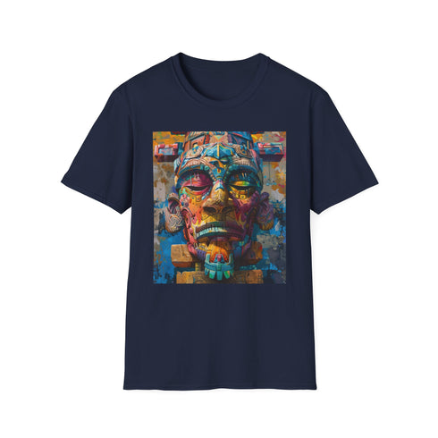 Charcoal crew neck T-shirt featuring vibrant neon tribal mask design