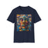 Charcoal crew neck T-shirt featuring vibrant neon tribal mask design
