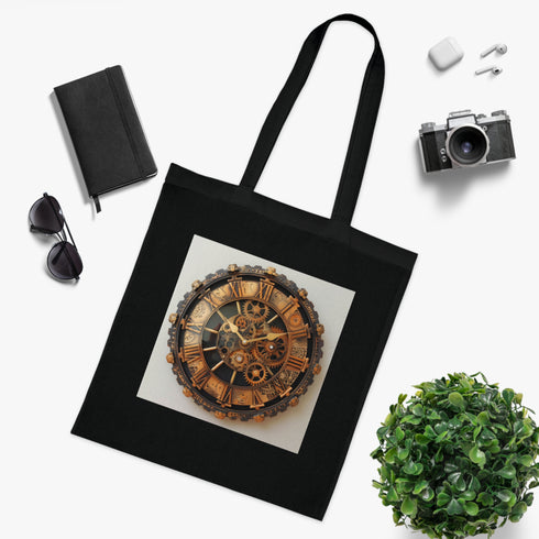 Steampunk Clock Black Cotton Tote Bag with Gears Design