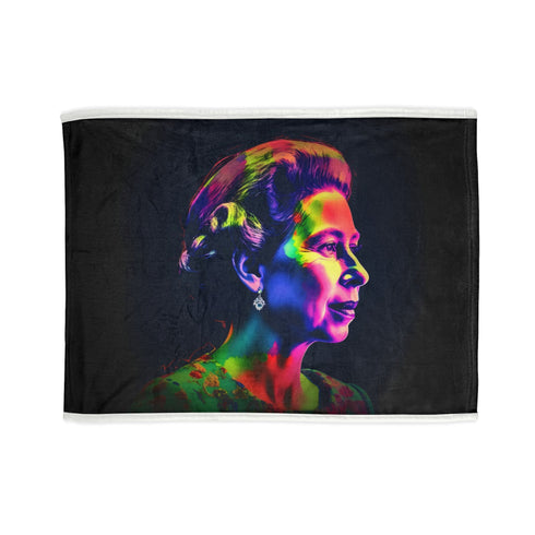 Vibrant watercolor Queen Elizabeth II tribute blanket, 30'' x 40'' dimensions.