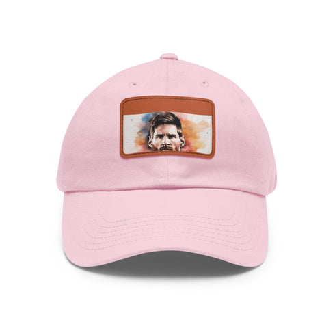 White cotton baseball cap with Lionel Messi signature logo.