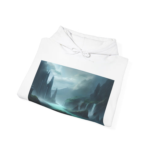 Navy unisex regular fit hoodie with captivating fantasy landscape design.