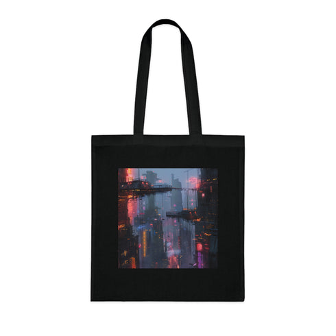 Neon City Lights Tote Bag, Black Cotton Tote with Cyberpunk Cityscape Illustration