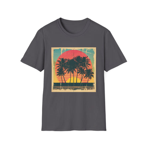 Palm Paradise Retro Sunset Escape T-Shirt in Charcoal.