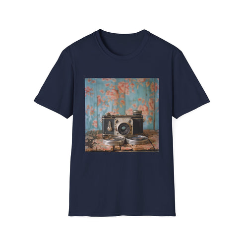 Charcoal cotton t-shirt featuring vintage camera and film reel design