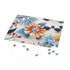 Colorful floral jigsaw puzzle with vibrant repeating flower pattern.