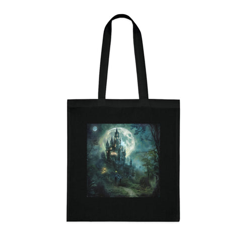 Moonlit Castle Tote Bag: Enchanting black cotton accessory with mystical castle design