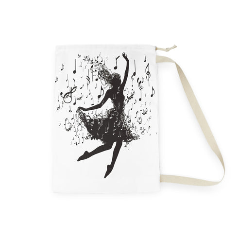 Dancer silhouette laundry bag with musical notes design for stylish laundry.