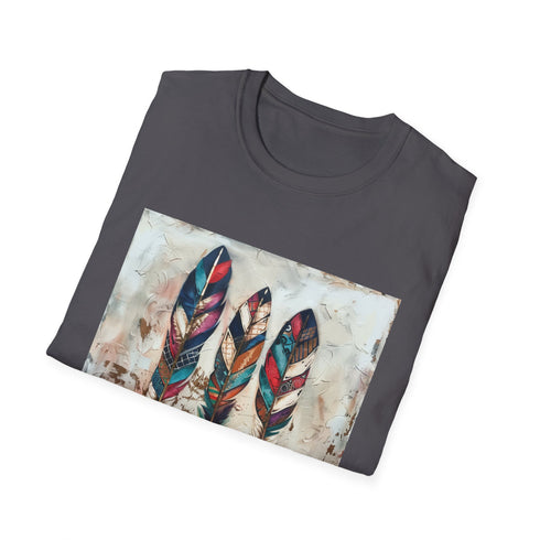 Bohemian feather charcoal t-shirt, symbolizing freedom & self-expression.