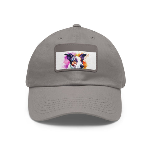 Adorable Jack Russel snapback cap with white/light brown rectangle patch