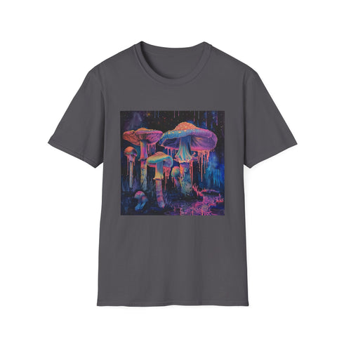 Psychedelic mushroom charcoal t-shirt with vibrant swirling patterns cotton fabric