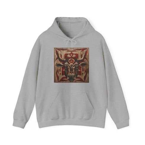 Navy tribal totem hoodie with intricate animal silhouette and tribal patterns.