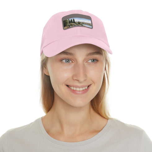 White cotton baseball cap with serene New Zealand lake view patch