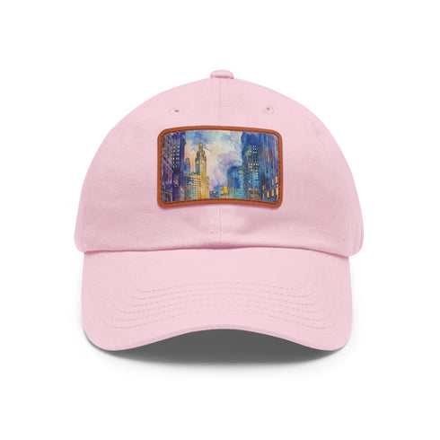 Chicago skyline watercolor baseball cap in white with light brown patch.