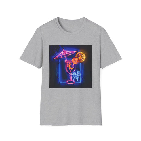 Charcoal crew neck t-shirt with neon tropical cocktail under glowing neon sign