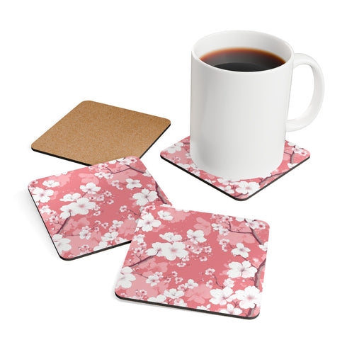 Cherry Blossom Corkwood Coaster Set: Pink and White Square Coasters
