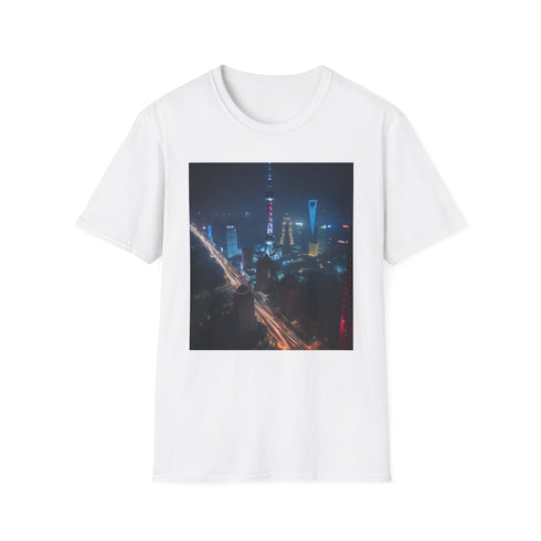 Shanghai Nights watercolor tee in charcoal with vibrant city lights.