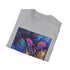 Neon palm tree print charcoal t-shirt with vibrant tropical glow