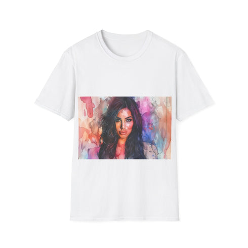Textured charcoal crew neck t-shirt features Kim Kardashian watercolor fantasy design