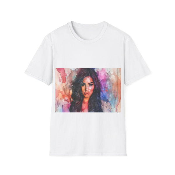Textured charcoal crew neck t-shirt features Kim Kardashian watercolor fantasy design