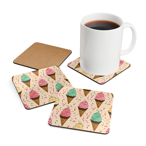 Colorful ice cream cone design corkwood square coasters - summer kitchen accessories.