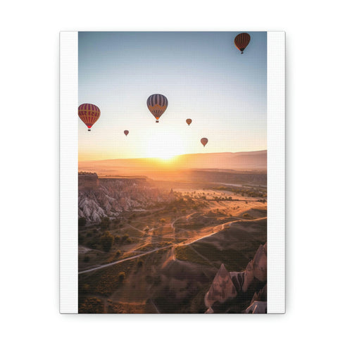 Hot air balloons floating over Cappadocia landscape on canvas print.
