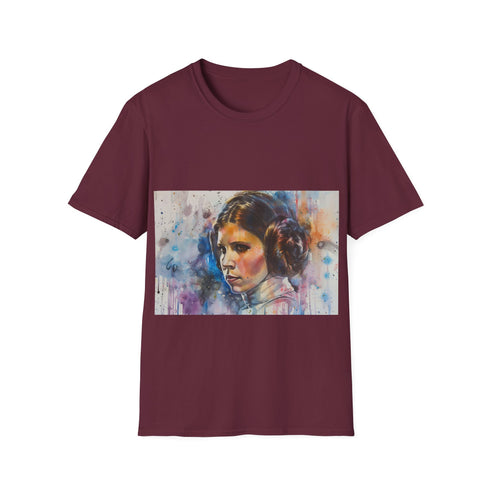 Galactic themed charcoal t-shirt with watercolor Princess Leia design.