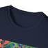 Charcoal t-shirt with vibrant tropical parrot design capturing summer's essence