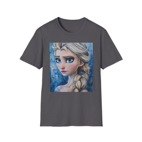 Charcoal cotton t-shirt featuring vivid Elsa portrait in vibrant brushstrokes