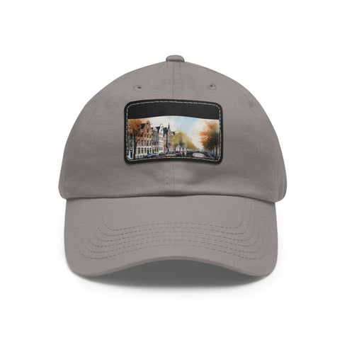 Amsterdam skyline snapback cap with light brown patch.