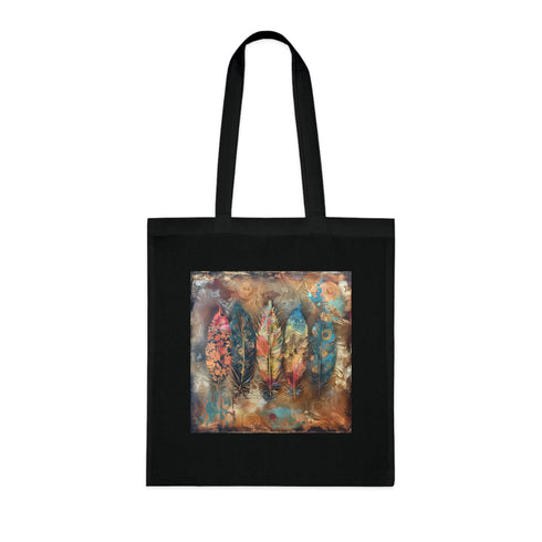 Bohemian black cotton tote bag with dreamcatcher feathers design.